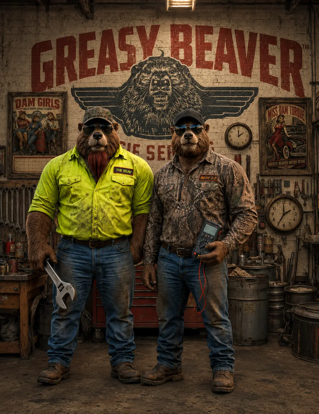 The Beav and Beav 2.0 standing in the Greasy Beaver equipment repair shop